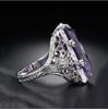 "Rectangular Amethyst Princess Ring with Chamfered Inlay & Hollow Flower Design"