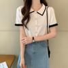 VAYLA Button Short Tops Tees Patchwork Y2k Shirt Clothing Women Pullovers Jumper Striped Sweater Fungus Blouse For Girls