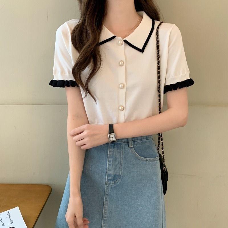VAYLA Button Short Tops Tees Patchwork Y2k Shirt Clothing Women Pullovers Jumper Striped Sweater Fungus Blouse For Girls