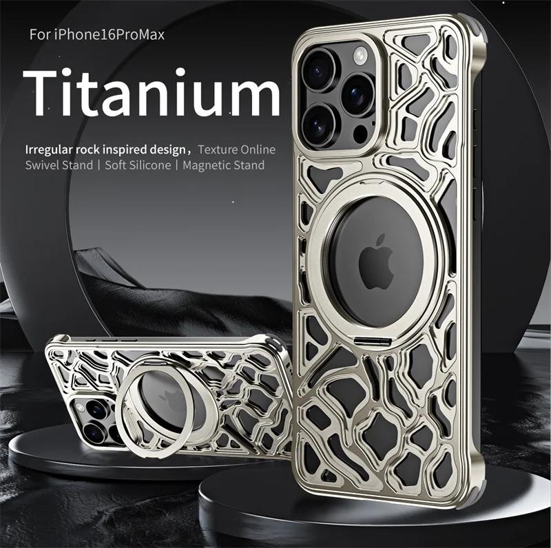 Luxury Metal Alloy Phone Case For iPhone 16 15 17 Pro Max 360°Rotating Bracket Magsafe Lens Protect Shockproof in-vehicle Cover