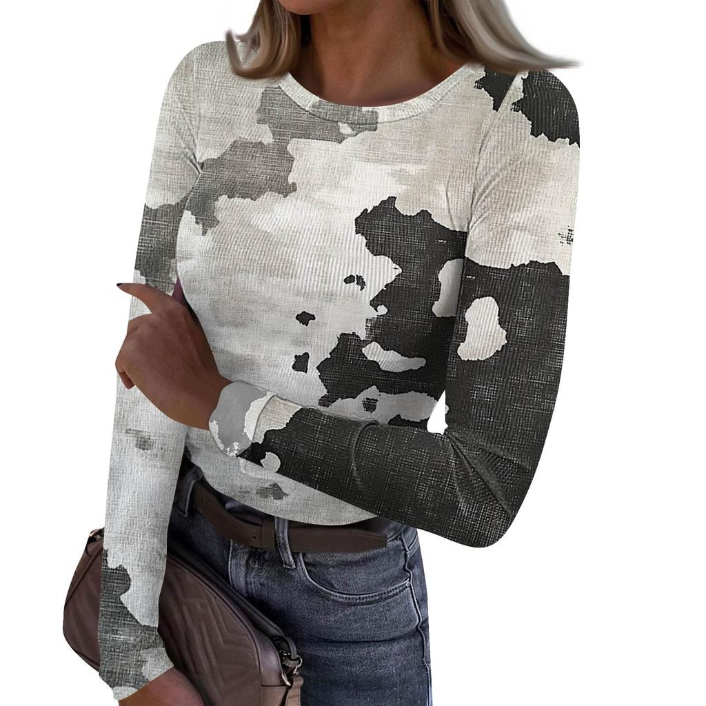 Dámské A Zimní Slim Spodní Tričko Módní Ležérní Gradientní Potisk Kulatý Výstřih Pulovr Dlouhý Rukáv Top