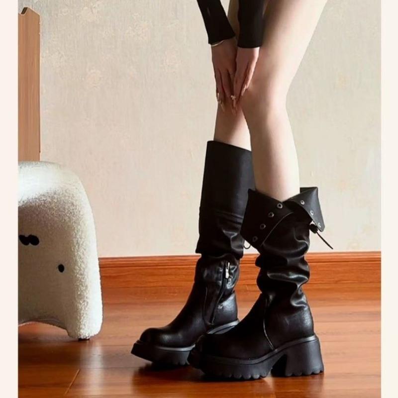 Fashion Pleated Thigh Boots Women's 2025 Autumn Winter Platform Knee-Free Small Tall Knight Boots