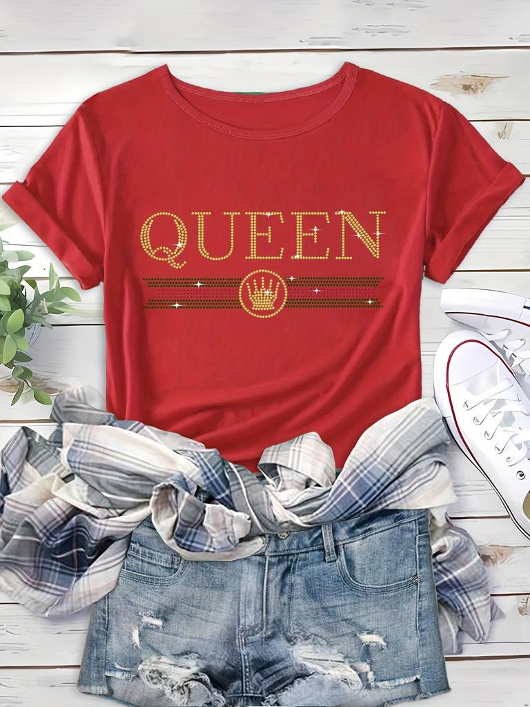 Rhinestone Queen Letter Print Comfortable And Soft Sports T-shirt, Short Sleeve Causal Running Crew Neck Top, Women's Activewear