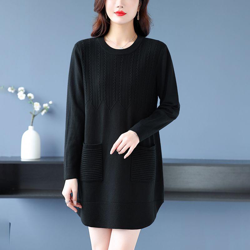 Women's Plus-Size Sweater Autumn Winter Warm Soft Stretchy Knit Top Loose Mid-length Sweater with Pockets