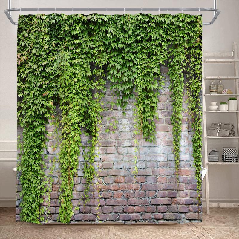 Vintage Brick Wall Green Leaves Shower Curtains Rustic Vine Plant Leaf Grey Stone Polyester Fabric Bathroom Curtain Decorative