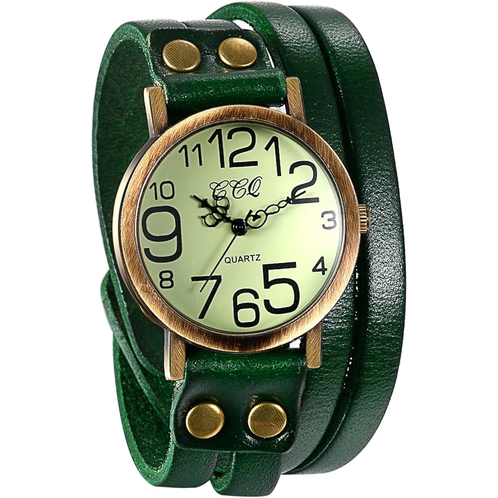 JewelryWe Antique Multi-Wrap Leather Band Watch Analog Display Quartz for Men, Women, Kids - Green
