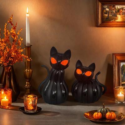 Yousheng Schwarze Katze Figur Halloween Tischdeko Harz Katzenstatue mit Gruseligen Augen für Party Zuhause Kaminsims Regaldeko Geschenk für Katzenliebhaber