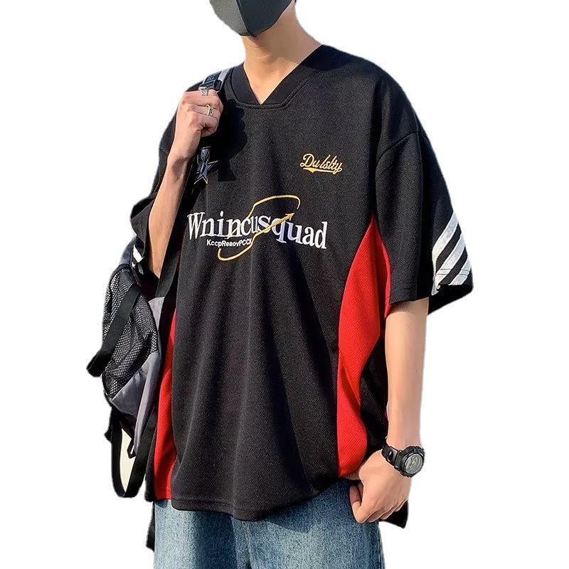 Men's V-Neck Motorcycle Style Embroidered Loose Hip-Hop Half-Sleeved Jersey