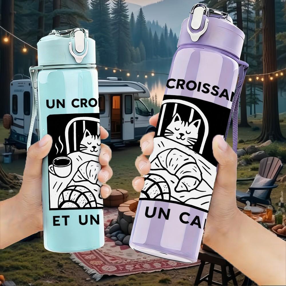 1PC Croissant Coffee Retro Stamp 750ml Color Plastic Sports Water Bottle Leakproof Flip Straw Lid Suitable for Sports Office Home Use