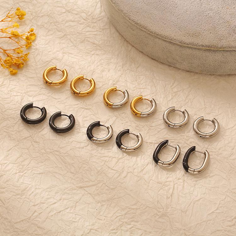 Wind Premium Black Gold Plated 18K Gold Stainless Steel Ear Buckle Geometric Round Titanium Steel Earrings