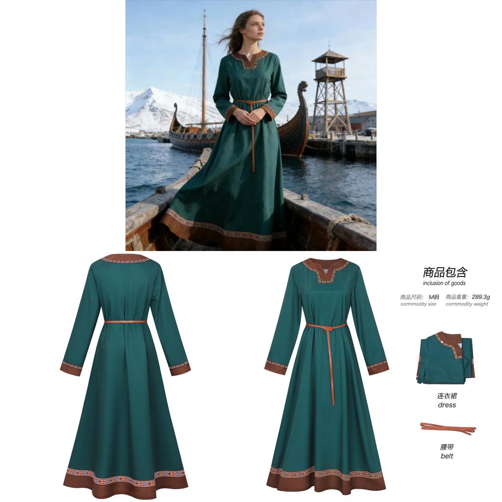 Dámské lněné šaty inspirované Vikingy v rustikálním stylu pro středověké cosplay