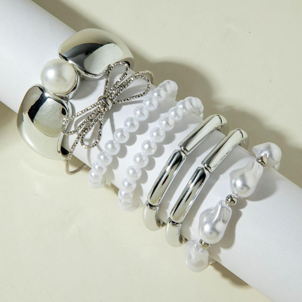 Accessories, geometric metal exaggerated bracelets, multi-layer pearl beaded bracelet set