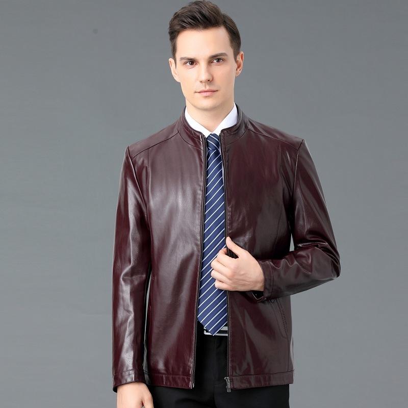 New Style Leather Jacket for Young and Middle-aged Men, Autumn Thin Sheepskin Plus Velvet Stand Collar Leather Jacket, Men's Dad Wear