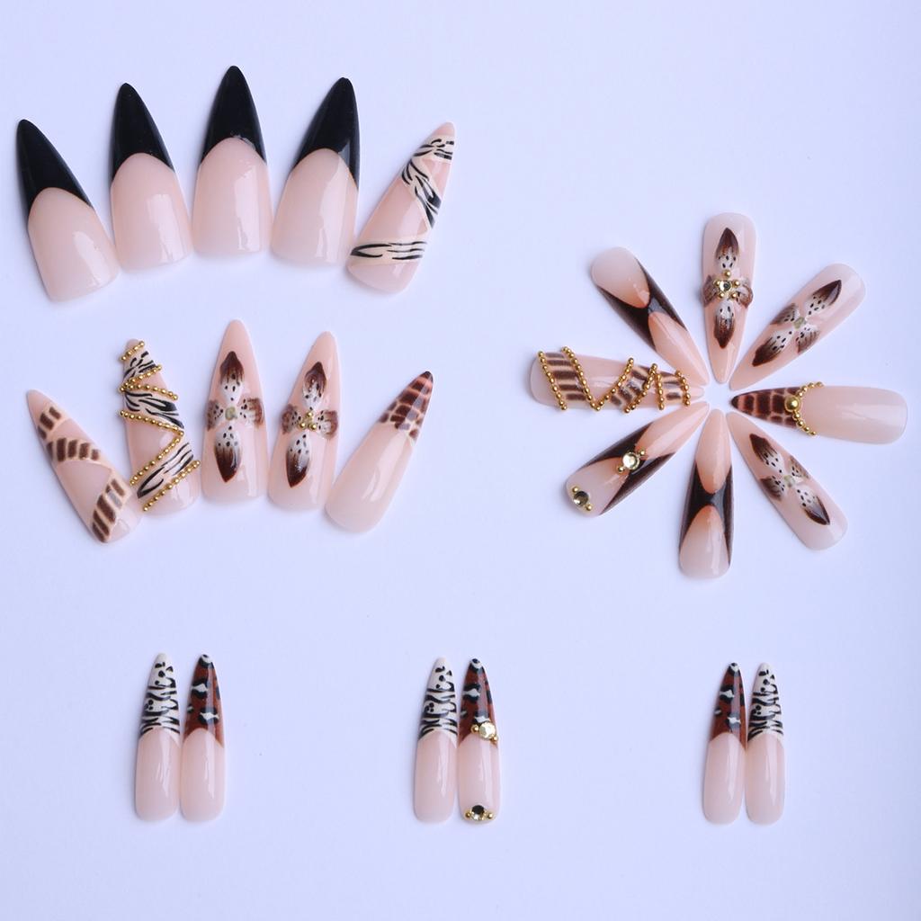 European and American Leopard Print Chain Almond-shaped Wearable Nails with Metal Pentagram Detachable False Nail Tips
