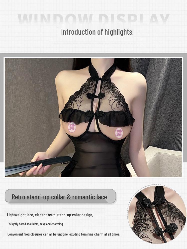 Alluring Ancient Style Cheongsam Lingerie: Backless, See-Through Nightgown for Small Chest.