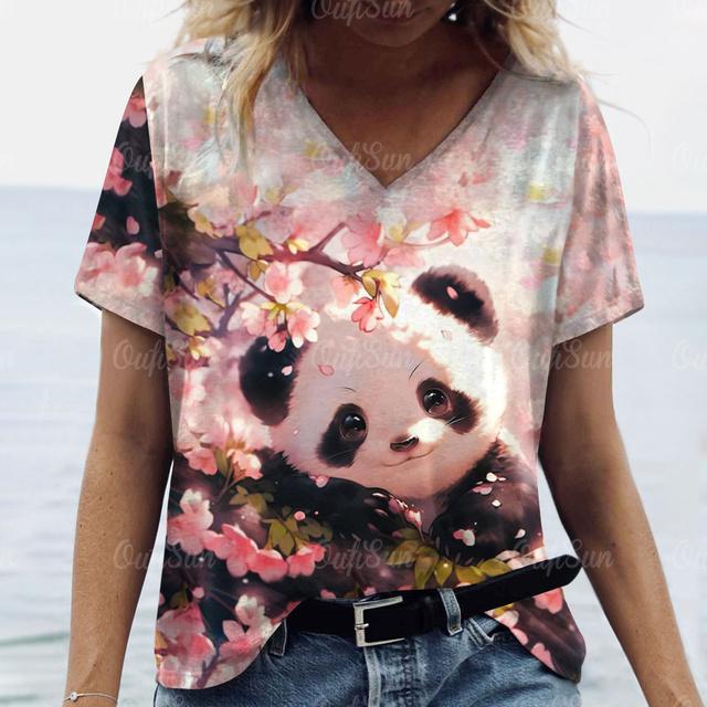 Oversize Women's Clothing Tshirt Cute Panda Woman Clothing Casual V-Neck Short Sleeve T-Shirts Pullover Trend Summer Streetwear