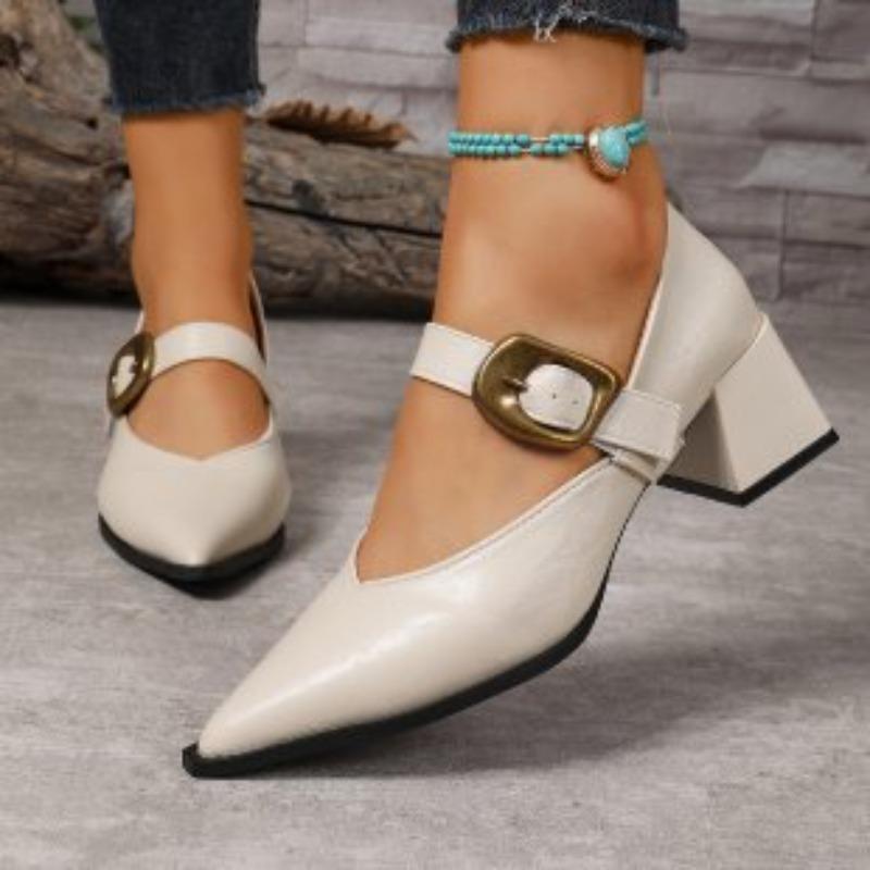 

Новые туфли на толстом каблуке с одной лямкой и пряжкой из кожи для женщин, туфли на среднем каблуке 42 бежевый