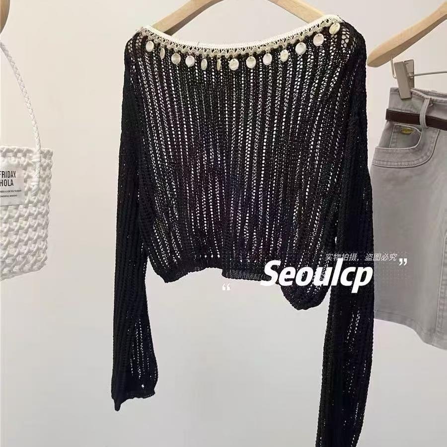 

Весенне-летняя богемная желтая короткая майка женская с вырезом «одно слово», сетчатая, сексуальная блузка с пайетками, ажурный вязаный свитер Average size 56-23 чёрный