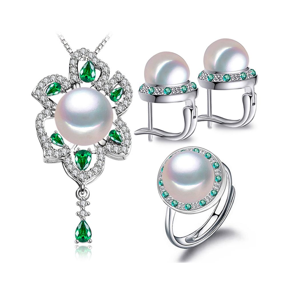 

LSOOYH Ювелирные наборы из натурального пресноводного жемчуга с кубическим цирконием, свадебные большие модные винтажные серьги, кольцо, кулон, ожерелье, подарки для женщин белый