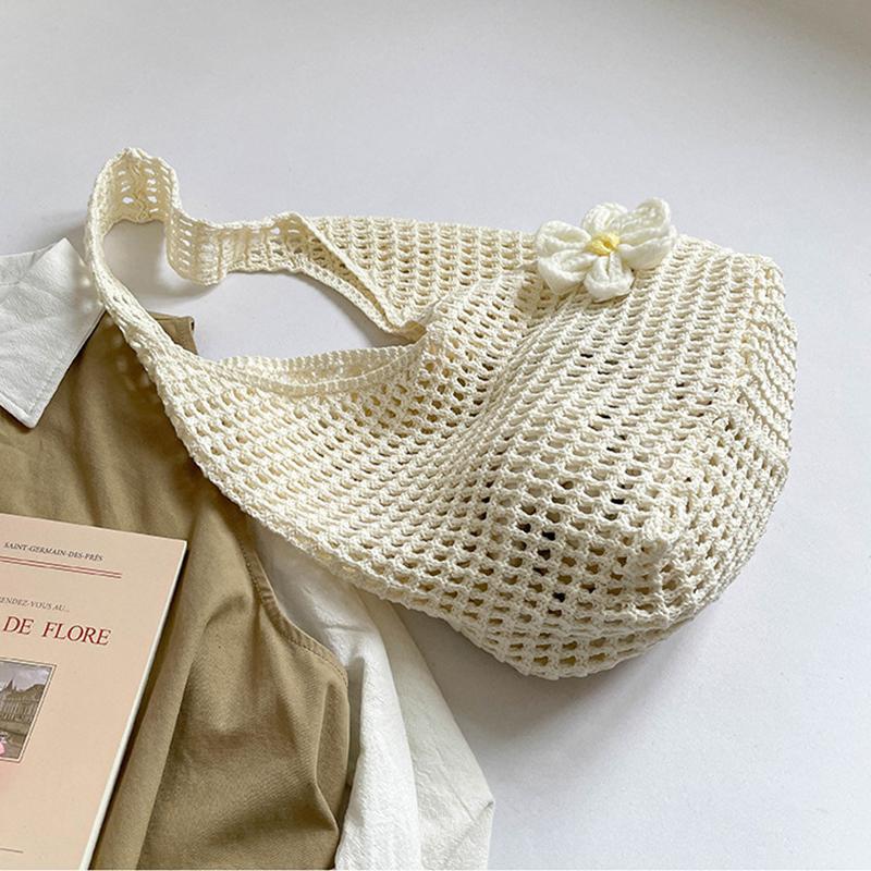 Solid Color Knitting Shoulder Bag Flower Large Capacity Bohemian Crochet Tote Bag Hollow Out Versatile Casual Woven Handbag