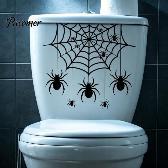 Indoor Party Atmosphere Props Halloween Spider Web Toilet Seat Sticker, Self-Adhesive Black Spiders Lid Moisture Proof Ceramic Tile Decals Decal,