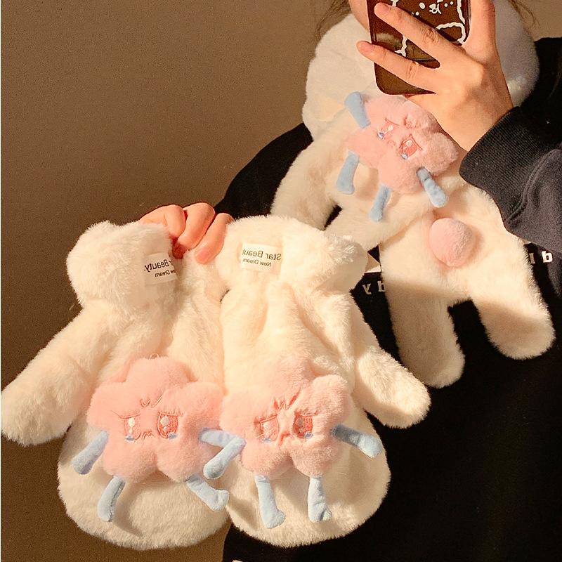 Cute Stars Plush Finger Gloves Women Winter Plush Thickened Warm Cold Furry Cycling Student