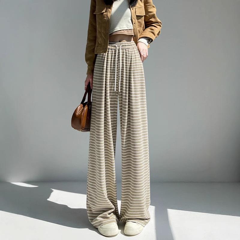 2025 Women's Black Stripe High Waist Wide Leg Pants - Spring/Autumn, Slimming & Casual