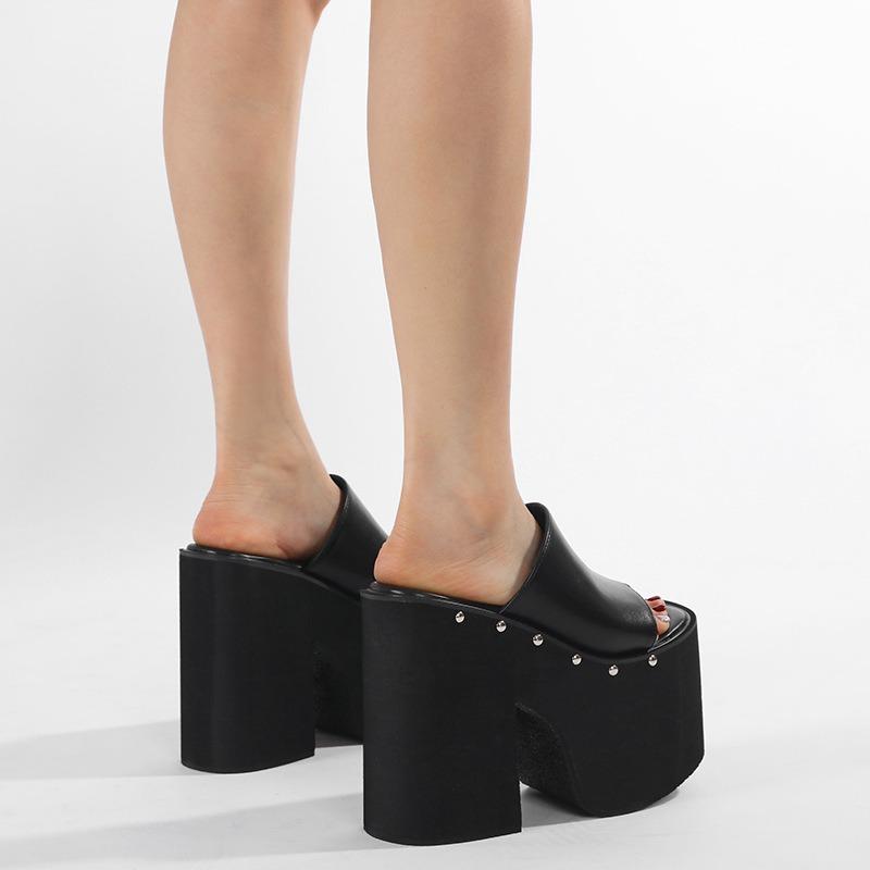 Super High Heel Waterproof Table Thick-soled Muffin Sandals Women's Summer Large Size Rivets Thick Heel Cool Slippers Fish Mouth Dew Heel