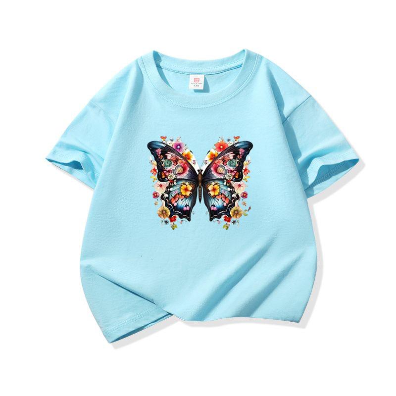 Kids Cotton T Shirt Dark Blue Butterfly With Colorful Flowers Print Crew Neck Short Sleeve Tee Casual Boys Girls Summer Tops