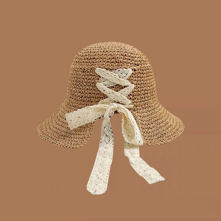 

Summer Hats For Women Sun Hat With Lace Ribbon Breathable Sunshade Big Brim Beach Accessories Seaside Sunscreen Sunhat New 56-58cm хакі