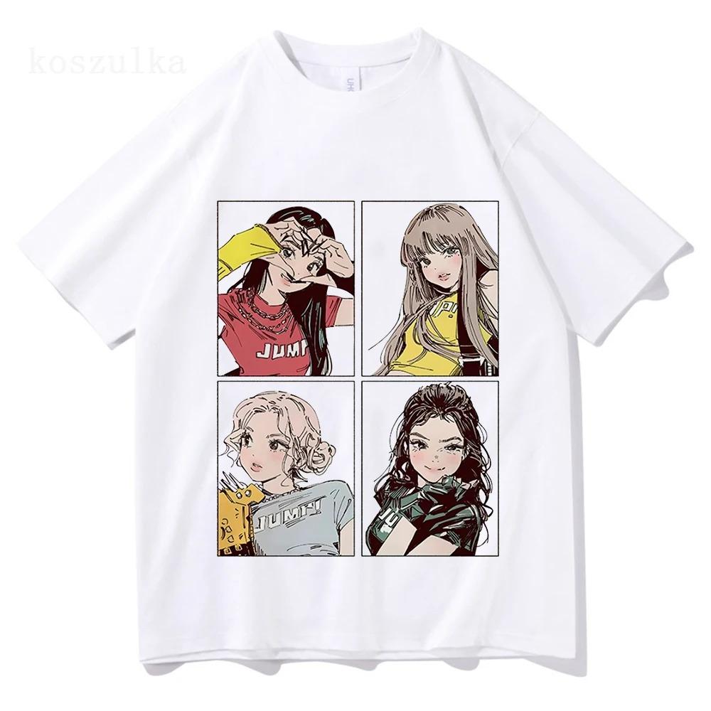 K-pop Style Anime Girl Quartet Panel T-Shirt, Unisex JUMI Graphic Streetwear Tee, 100% Cotton Casual Short Sleeve Top
