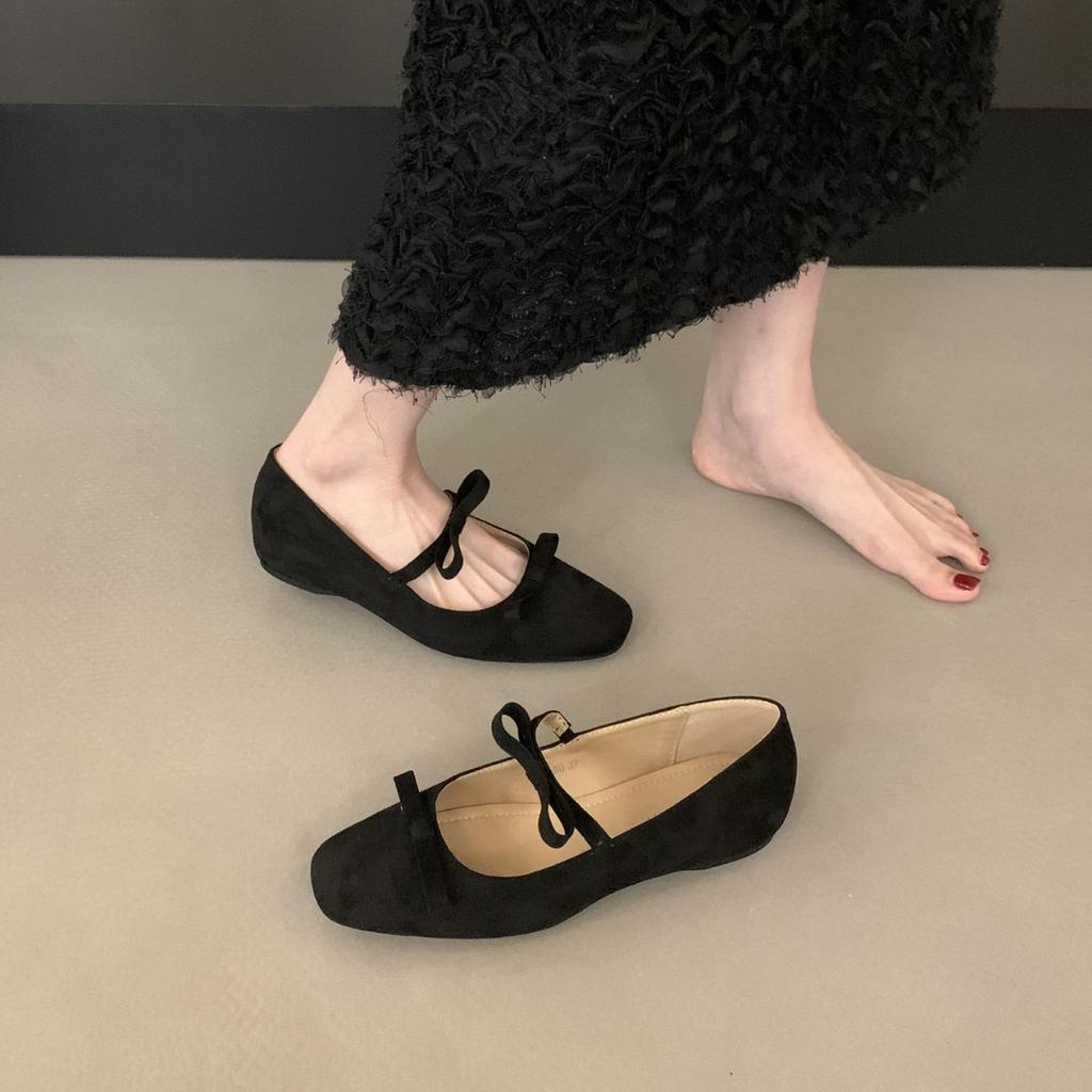 French Retro Double Bow Inner Height Increase Mary Jane Shoes Women's 2025 Autumn New Light Mouth Suede Ballet Shoes