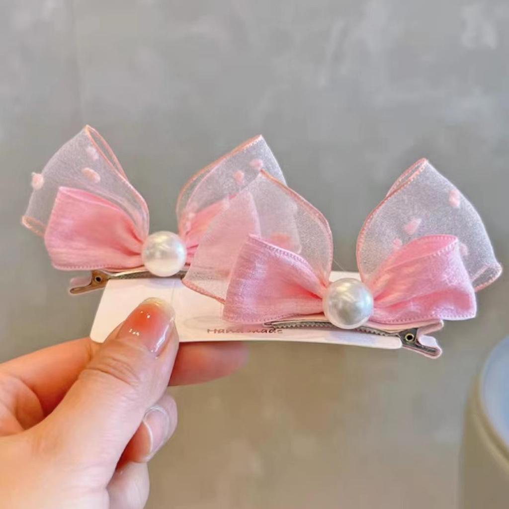 Korean Style Pearl Bow Mesh Hair Clips for Girls