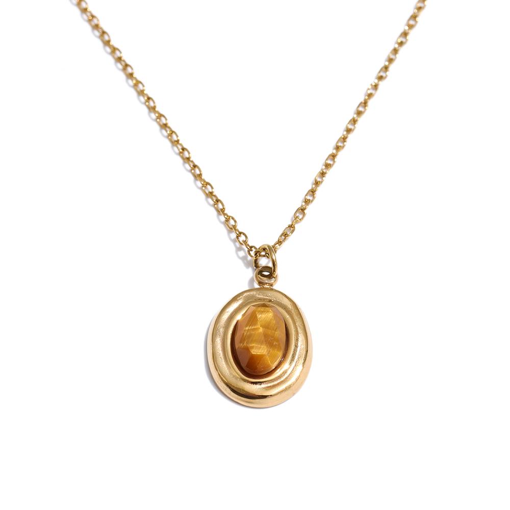 Yhpup Exquisite Natural Stone Agate Tiger Pendant France Necklace for Women Stainless Steel Trending Charm Jewelry