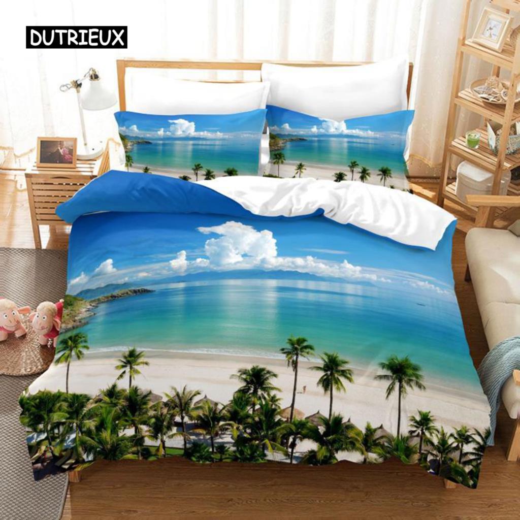 Ocean Duvet Cover Set Summer Beach Decor Hawaiian Vacation Style Bedding Set Palm Tree Tropical Nature Sea Polyester Quilt Cover