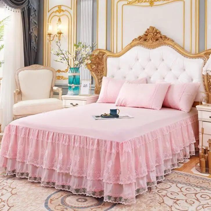 Saia de Cama para Quarto Antideslizante Capa de Colchão 3 Camadas Saia de Cama Couvre Lit Renda Babados Lençol Colcha
