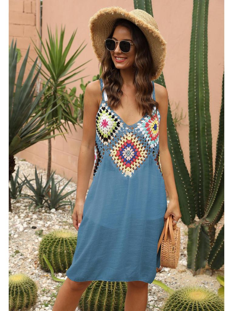 Women's Hand-Crocheted Flower Patchwork Sleeveless Beach Cover-up Dress