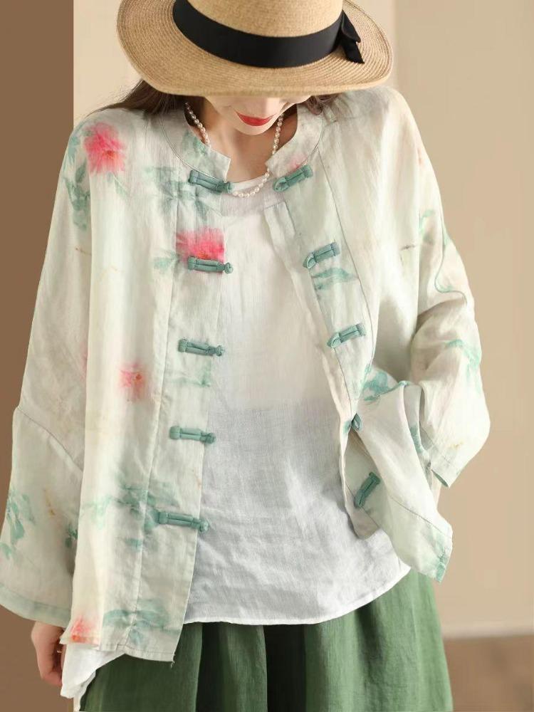 Chinese Style Bat Sleeve Shirt Vintage Women Blouse Floral Print Spring Top Loose Stand Button