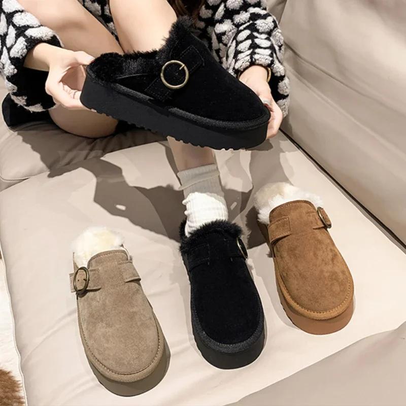 Fashion Women's Shoes 2024 Fashion Closed Toe Women's Slippers Winter Plush Fleece for Warmth Solid Platform Casual Comfortable Slippers