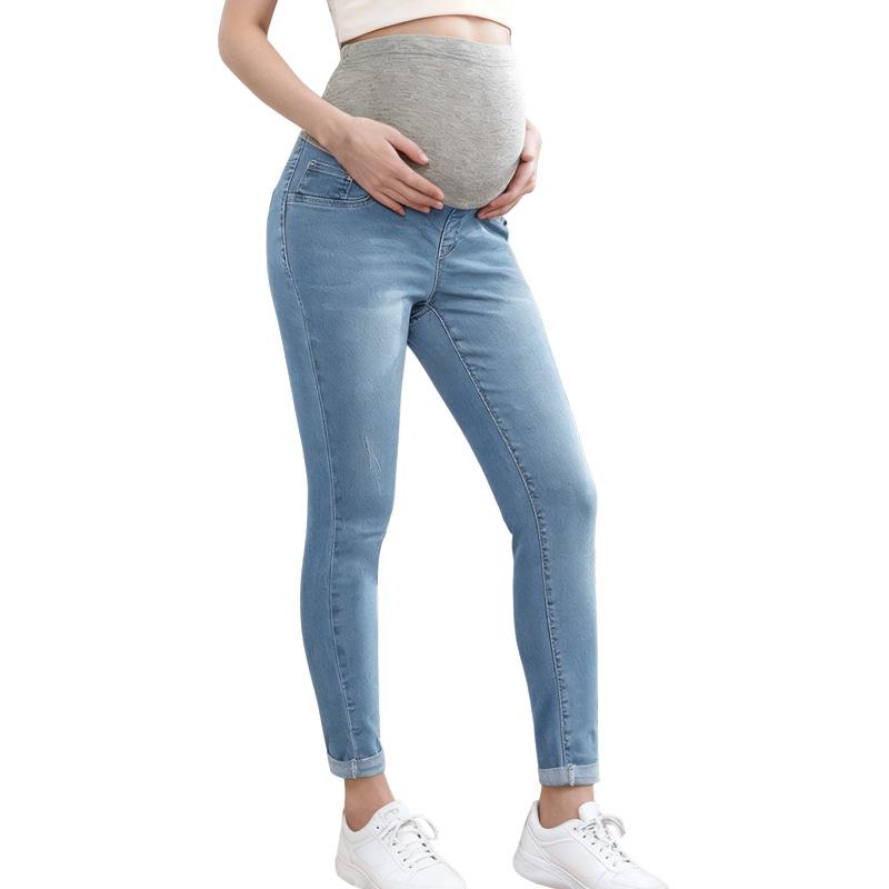 Jeans Skinny Premaman a Vita Alta - Autunno/Inverno, Supporto per la Pancia, Vestibilità Comoda, Modellante, Lunghezza Nove Punti, Apertura della Gamba Stretta