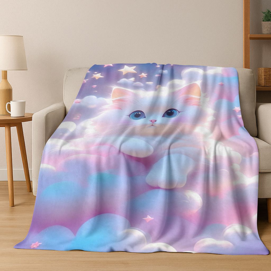 2026 Nová Roztomilá Kočka Koťátko Mňau Kreslená Flísová Přikrývka, Útulná Měkká Plédová Přikrývka pro Domov Ložnici Postel Pohovku Piknikový Potah Dětský Dárek