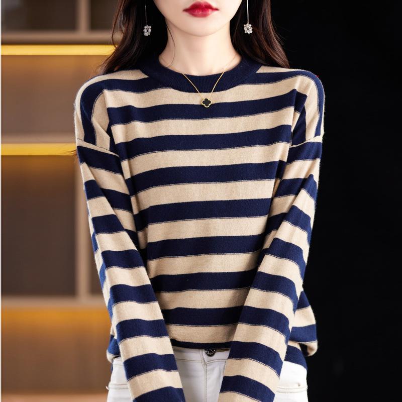 Autumn and Winter Striped Round Neck Sweater for Women Andy Velvet Drop Rotator Sleeve Base Shirt Loose Versatile Pullover Long Sleeve Top