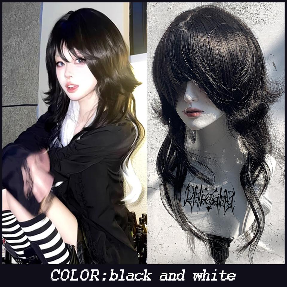 WTB Color Matching Long Curly Hair Synthetic Wig Female Gothic Style Lolita Black And White Long Curly Hair Christmas Party Wig