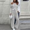 ZANZEA Two Piece Suit Women Cold Shoulder Long Sleeve Irregular Blouse and Pants Sets