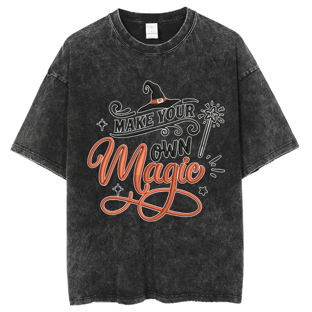 Magic Hand-Painted Letter Print Women's T-Shirt Washed Denim Oversized Loose Short Sleeve Unisex Fashion Casual Top