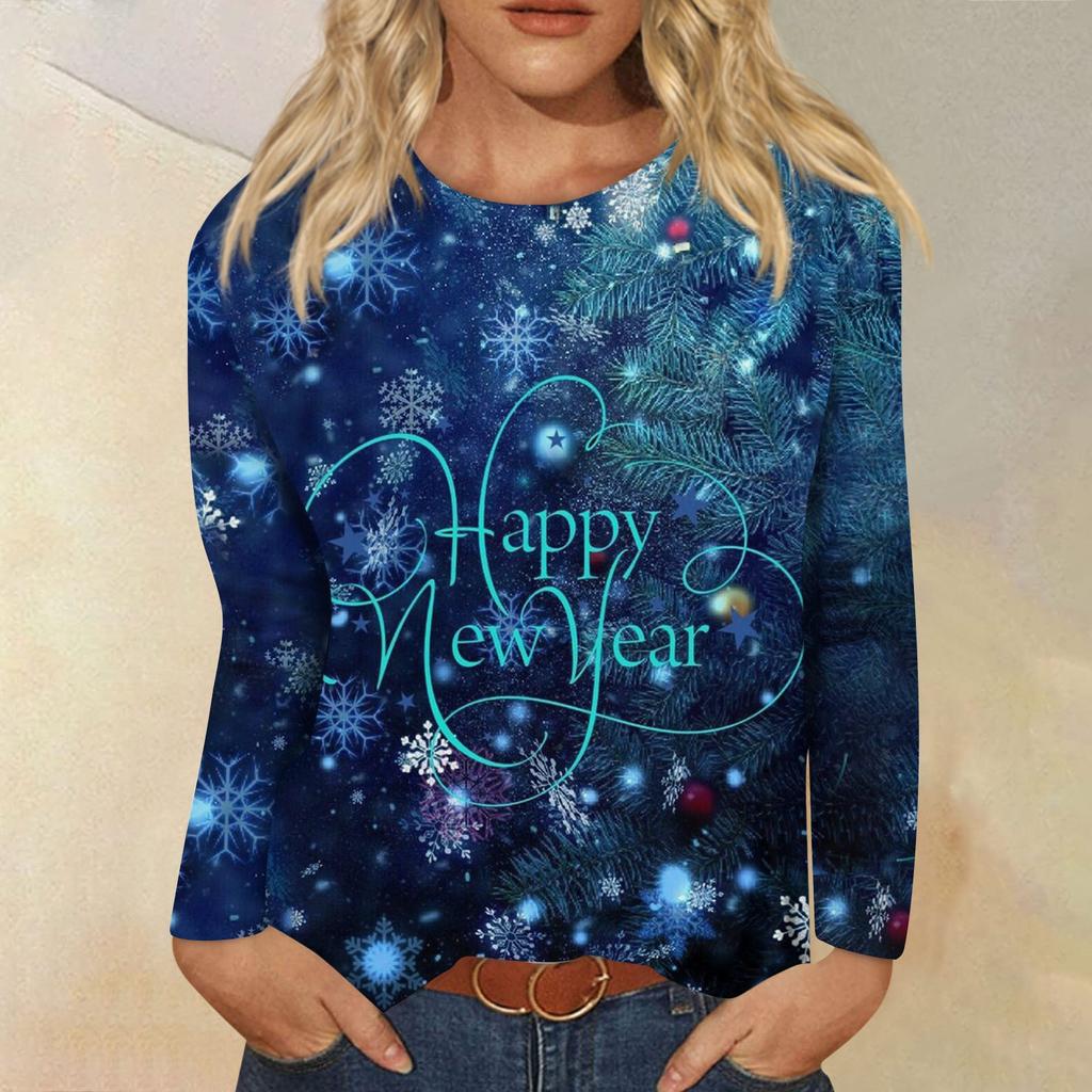 Damen Winter Rundhals Langarm T-Shirt 2024 Neujahr Bedrucktes Oberteil