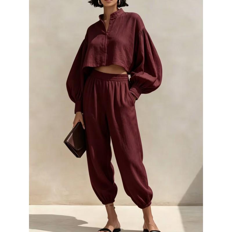 2026 Womens Relaxed Linen Cotton Short Top Elastic Waist Lantern Pants Set Casual Outfit