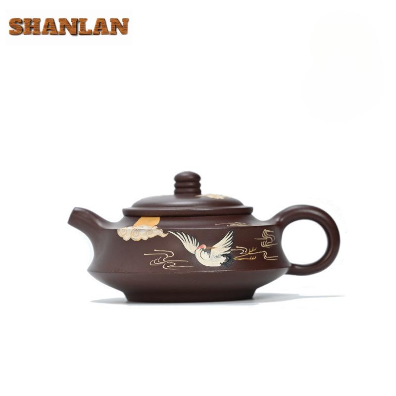 300ml Yixing Purple Clay Teapots Handmade Red-crowned Crane Pot Raw Ore Purple Mud Kettle With Filter Zisha Tea Set Cafes Craft
