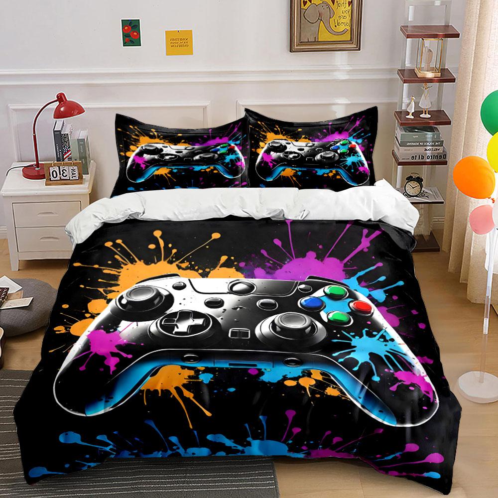 Vibrant Game Controller with Color Splashes Print Bedding Set 1 Duvet Cover 2 Pillowcases for Adult and Children Luxury Gift