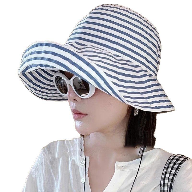 Sunscreen hat female elegant retro casual temperament webbing striped big brim fashion sunscreen bucket hat female
